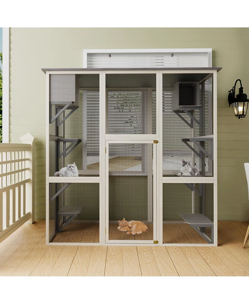 Streamdale Furniture Large Wooden Outdoor Catio with Asphalt Roof, 6 Platforms and 2 Napping Boxes