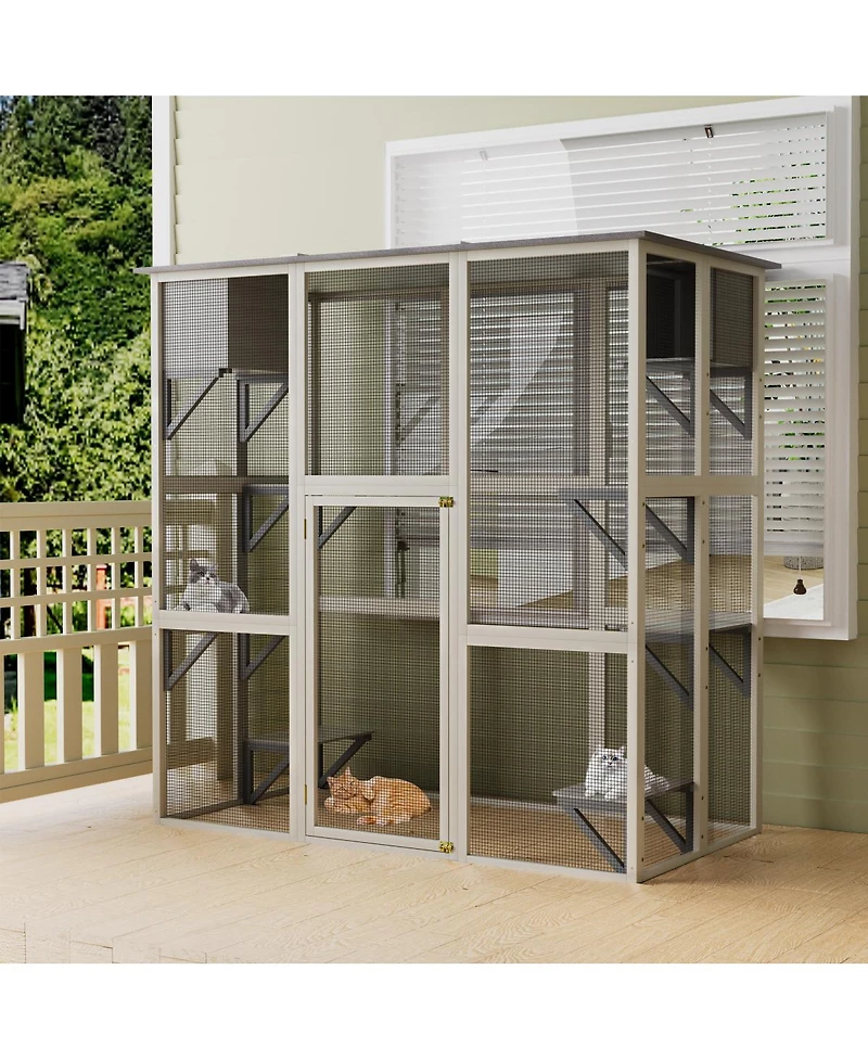 Streamdale Furniture Large Wooden Outdoor Catio with Asphalt Roof, 6 Platforms and 2 Napping Boxes