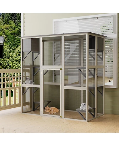 Streamdale Furniture Large Wooden Outdoor Catio with Asphalt Roof, 6 Platforms and 2 Napping Boxes