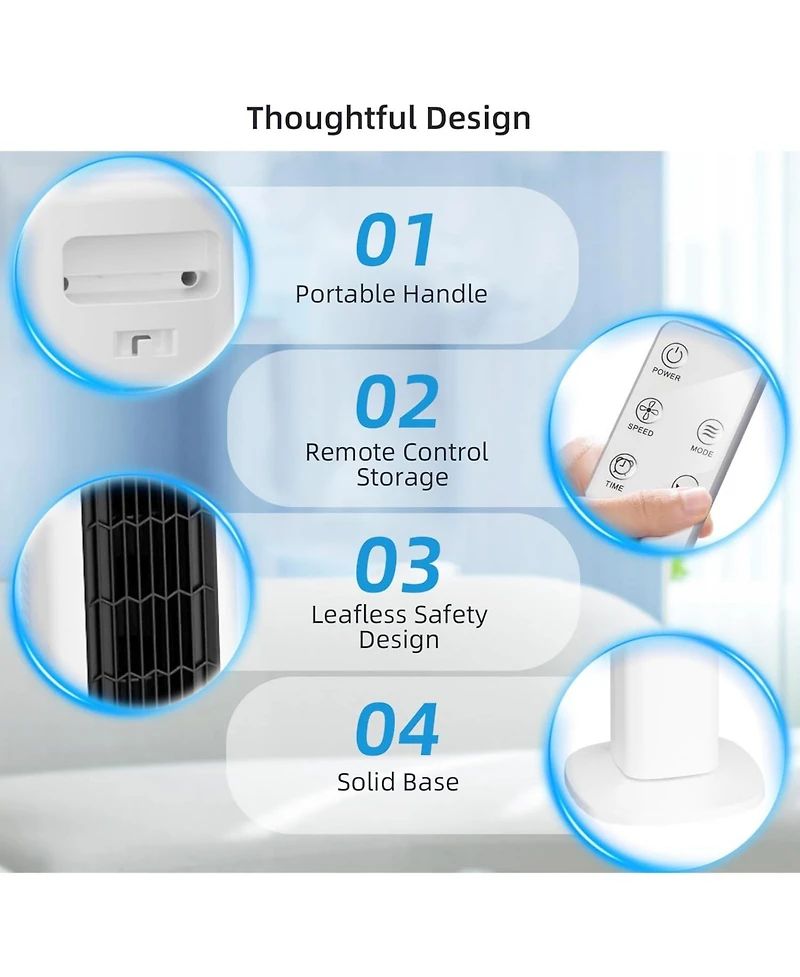 Cowsar Bladeless Tower Fan with Remote, 5 Speeds, White