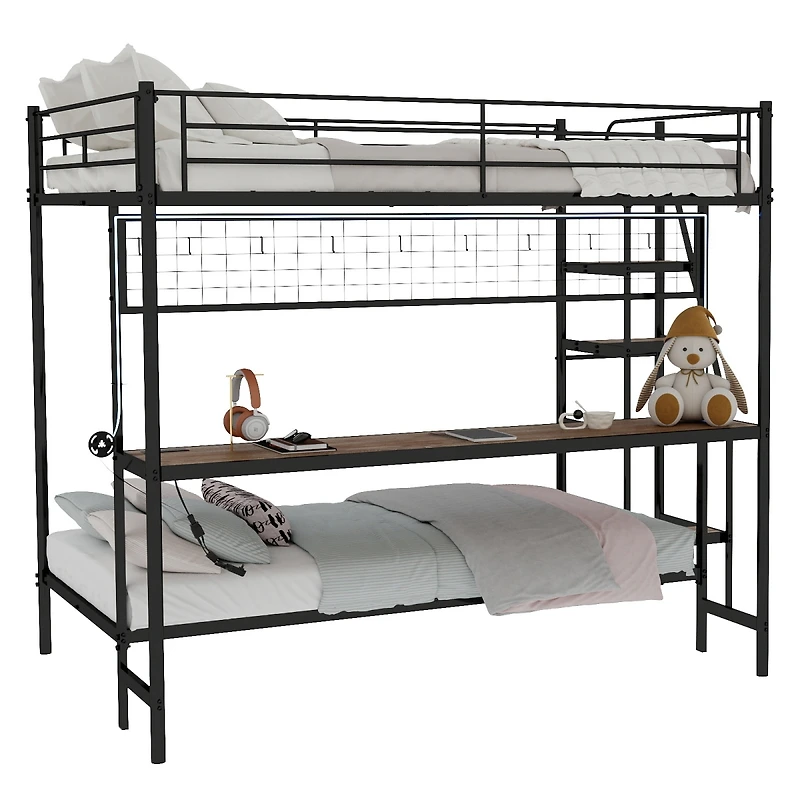 Streamdale Furniture Metal Bunk Bed with Desk and Led Lights
