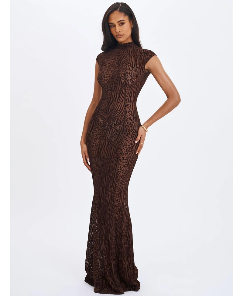 Miss Circle Women's Tyanna Mocha Burnout Velvet Mesh Backless Mermaid Maxi Dress
