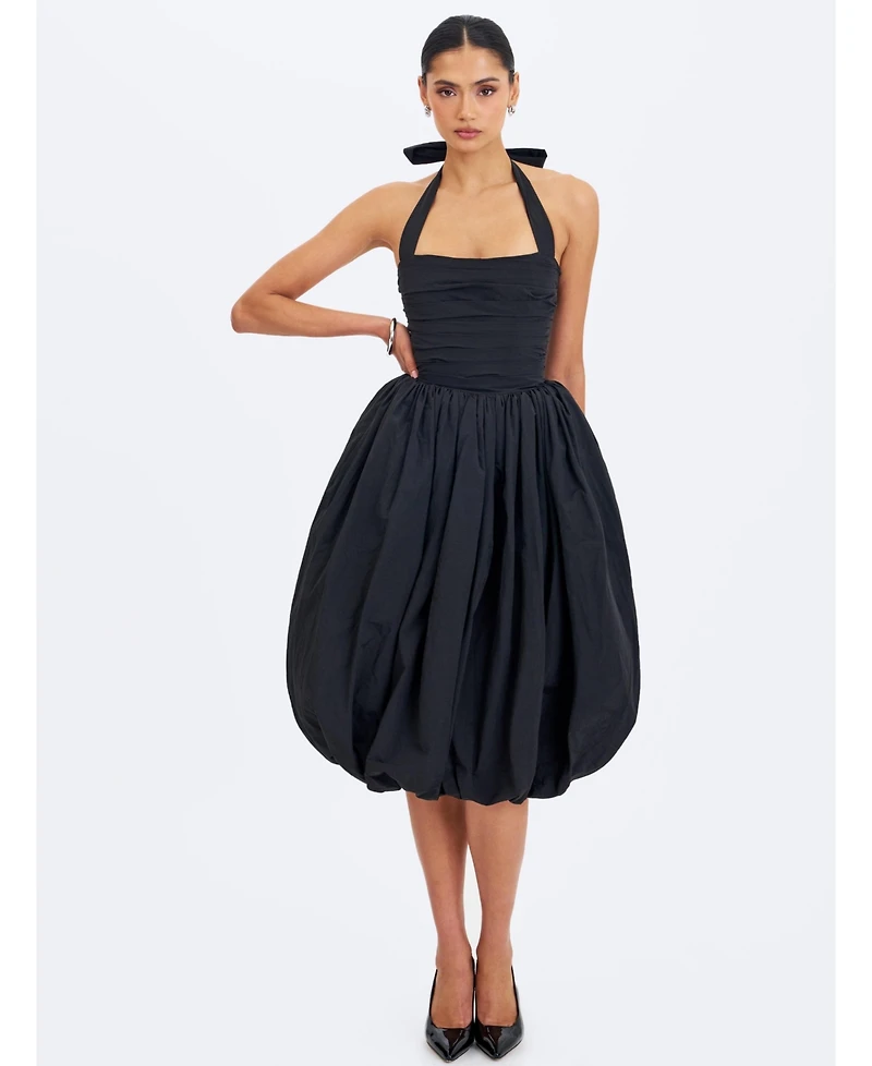 Miss Circle Women's Veradis Black Taffeta Halter Bubble-Hem Midi Dress