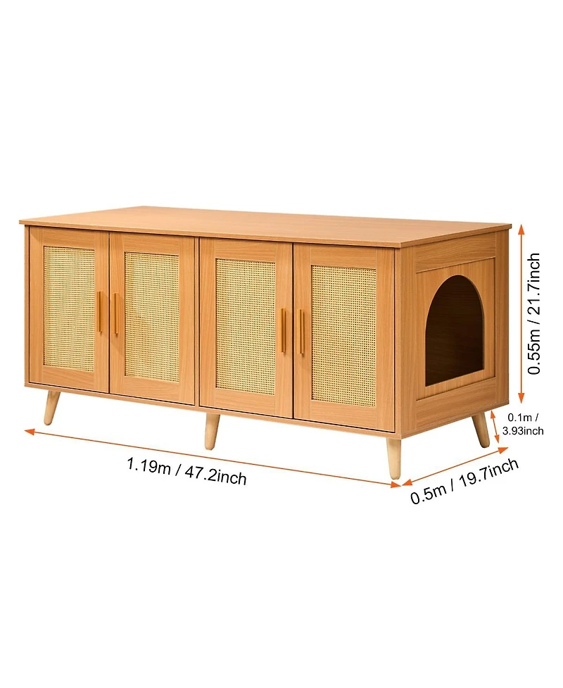 6thdruple Cat Litter Box Enclosure, Natural Wooden Furniture Cabinet with Rattan Doors, Hidden for 2 Cats
