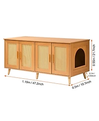 6thdruple Cat Litter Box Enclosure, Natural Wooden Furniture Cabinet with Rattan Doors, Hidden for 2 Cats