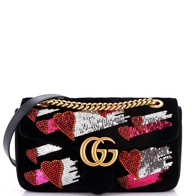 Pre-Owned Gucci Small Gg Marmont Flap Bag Embellished Matelasse Velvet