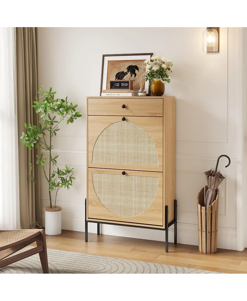 Streamdale Furniture Rattan 2-Door Shoe Cabinet with Drawer and Shelf