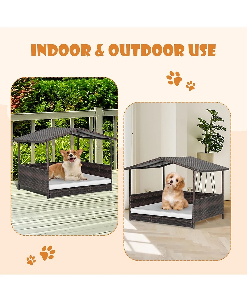 Gymax Wicker Dog House w/ Cushion Lounge Raised Rattan Bed for Indoor/Outdoor