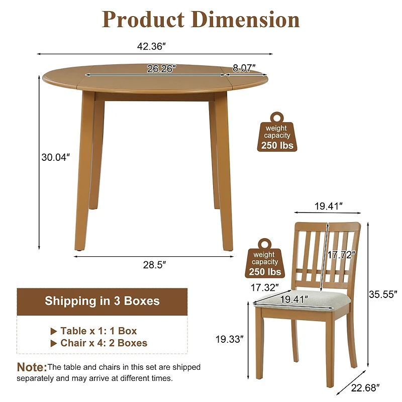 Streamdale Furniture 5- Piece Round Dining Set, Wood Table and 4 Upholstered Chairs