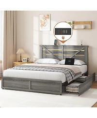 Streamdale Furniture Queen Storage Bed With Headboard, 4 Drawers, Led, Metal Support