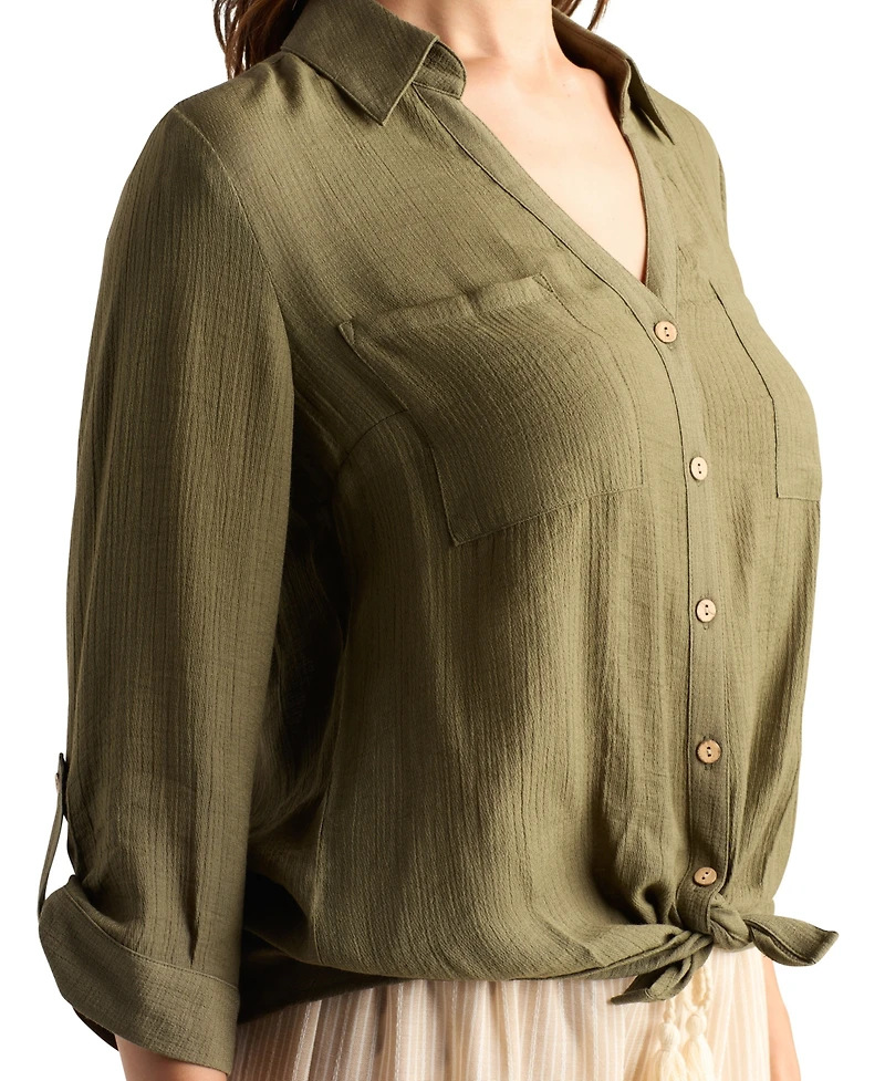 Bcx Women's Texture Gauze Collared Button-Front Top