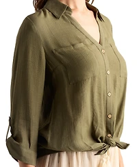 Bcx Women's Texture Gauze Collared Button-Front Top