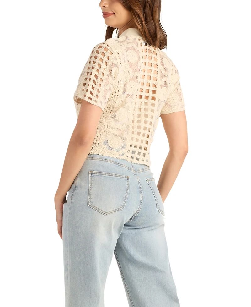 Bcx Women's Embroidered Crochet Collared Sweater
