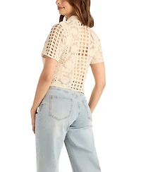 Bcx Women's Embroidered Crochet Collared Sweater