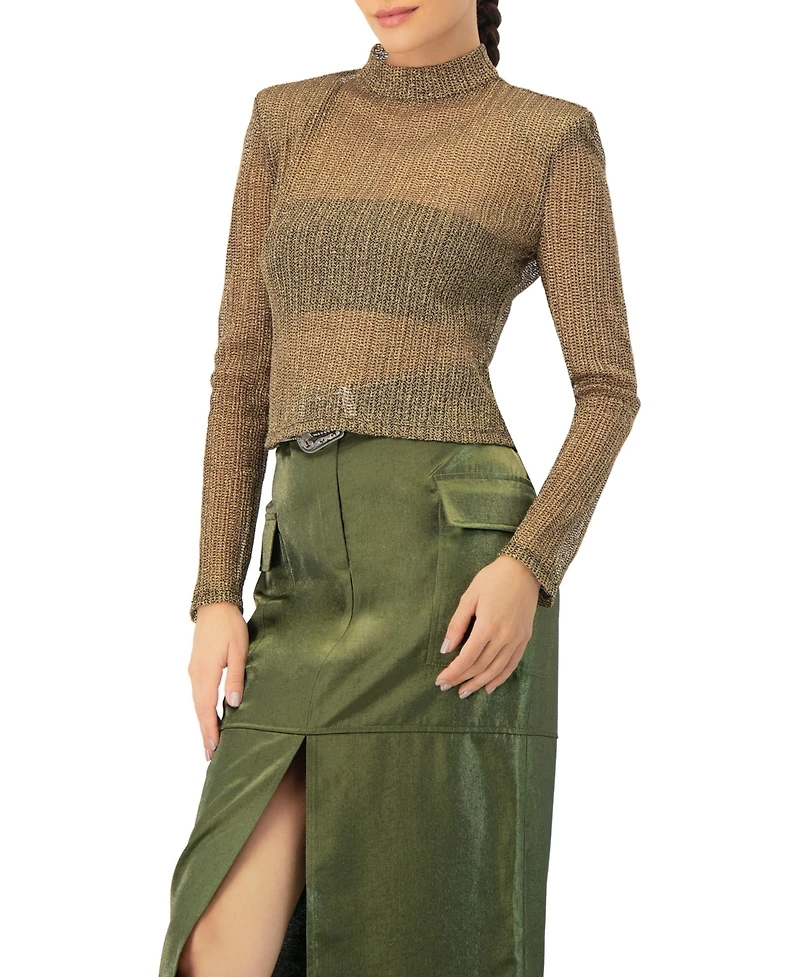Ivonne Women's Long Sleeve Cropped Blouse with High Neck
