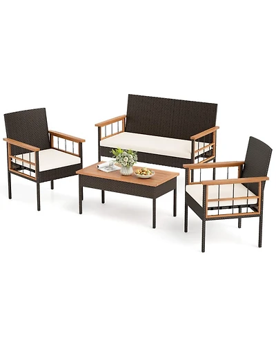 Sugift Wicker Furniture Set with Acacia Wood Tabletop and Armrests for Porch