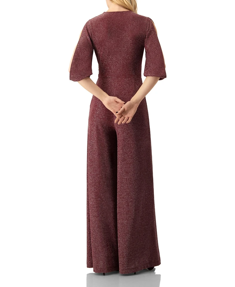 Ivonne Women's Shimmering V-Neck Jumpsuit with 3/4 Sleeves