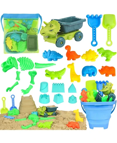 Gnuadz 25-piece Beach Sand Toys Dump Truck Bucket Shovel Rake Dinosaur Molds Mesh Bag