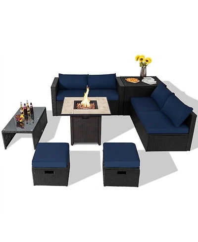 Sugift Outdoor Pe Rattan Wicker Sectional Sofa with Gas Fire Pit Table