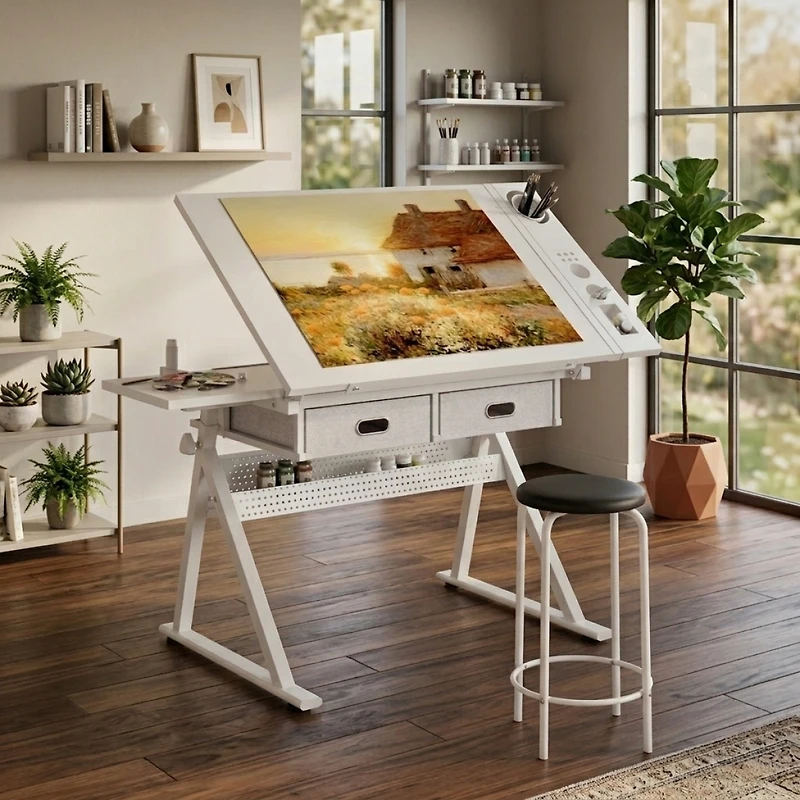 Streamdale Furniture Adjustable Drafting Table Desk with 2 Drawers and Stool