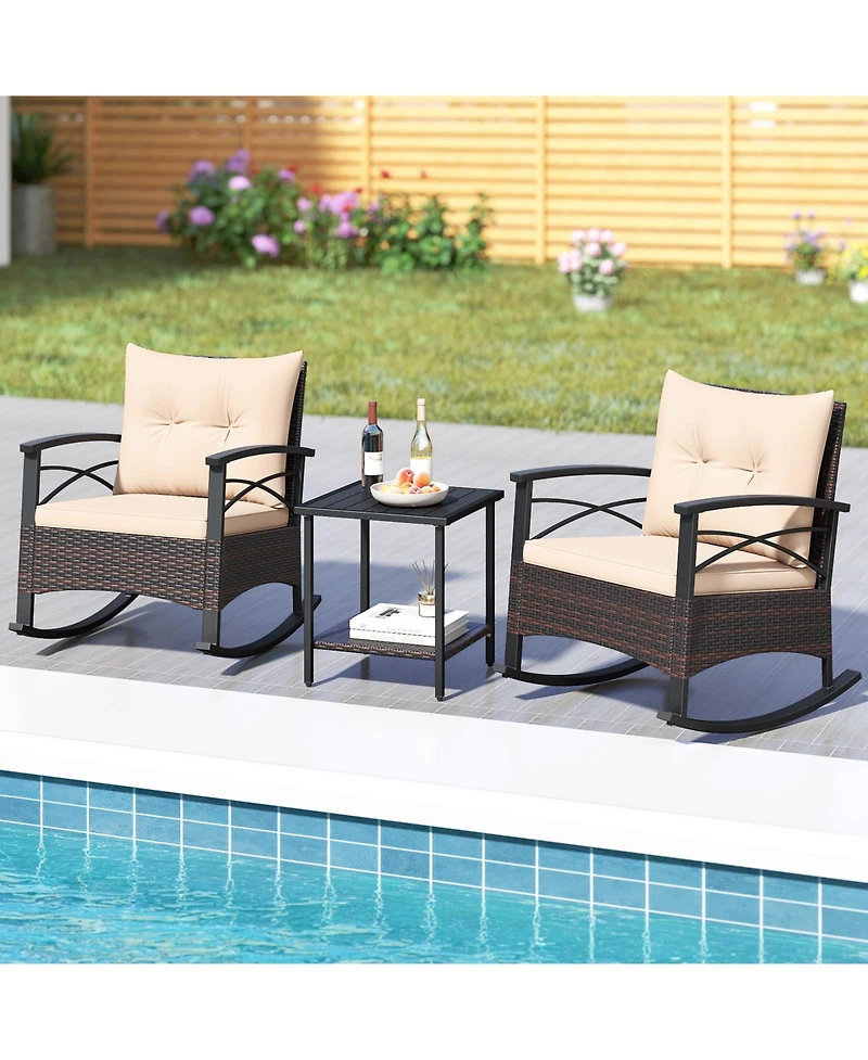 Sugift 3 Piece Rocking Bistro Set Pe Rattan Rocker Chairs with Acacia Wood Top Table