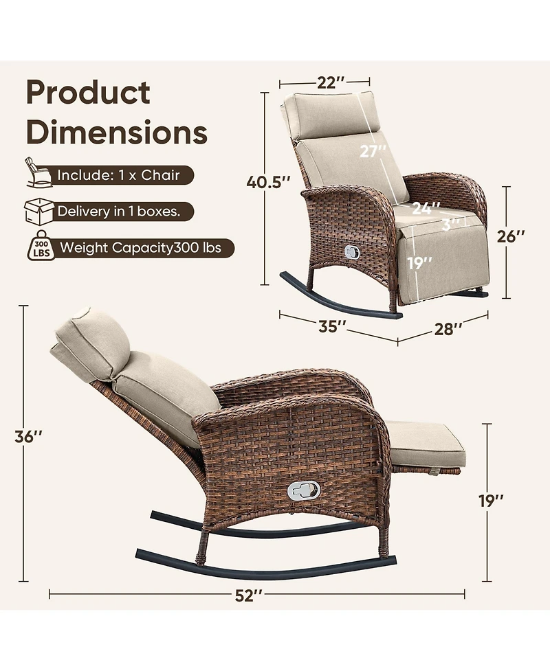 Pocassy Outdoor Wicker Rocking Recliner with Adjustable Backrest and Footrest