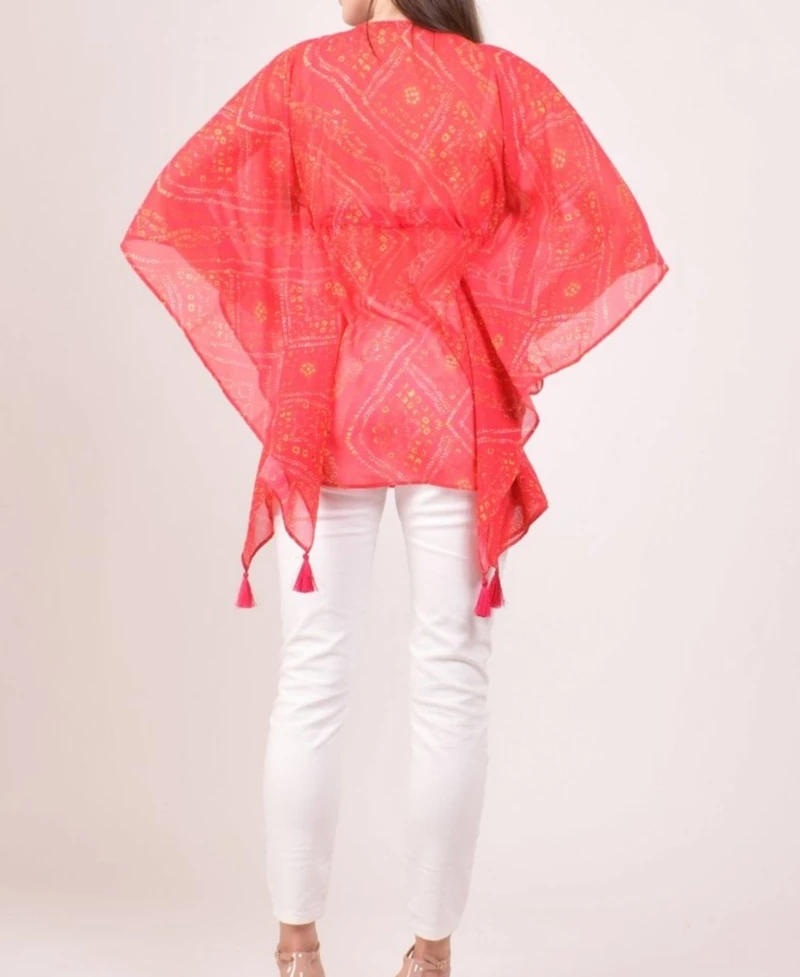 Raas Women's Bandhani Tie-Dye Mirror Embroidered Boho Kaftan Top