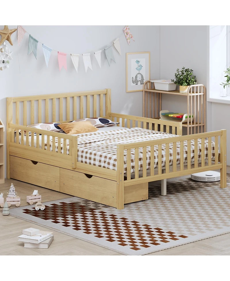 Streamdale Furniture Wood Platform Bed with Guardrails and 2 Drawers