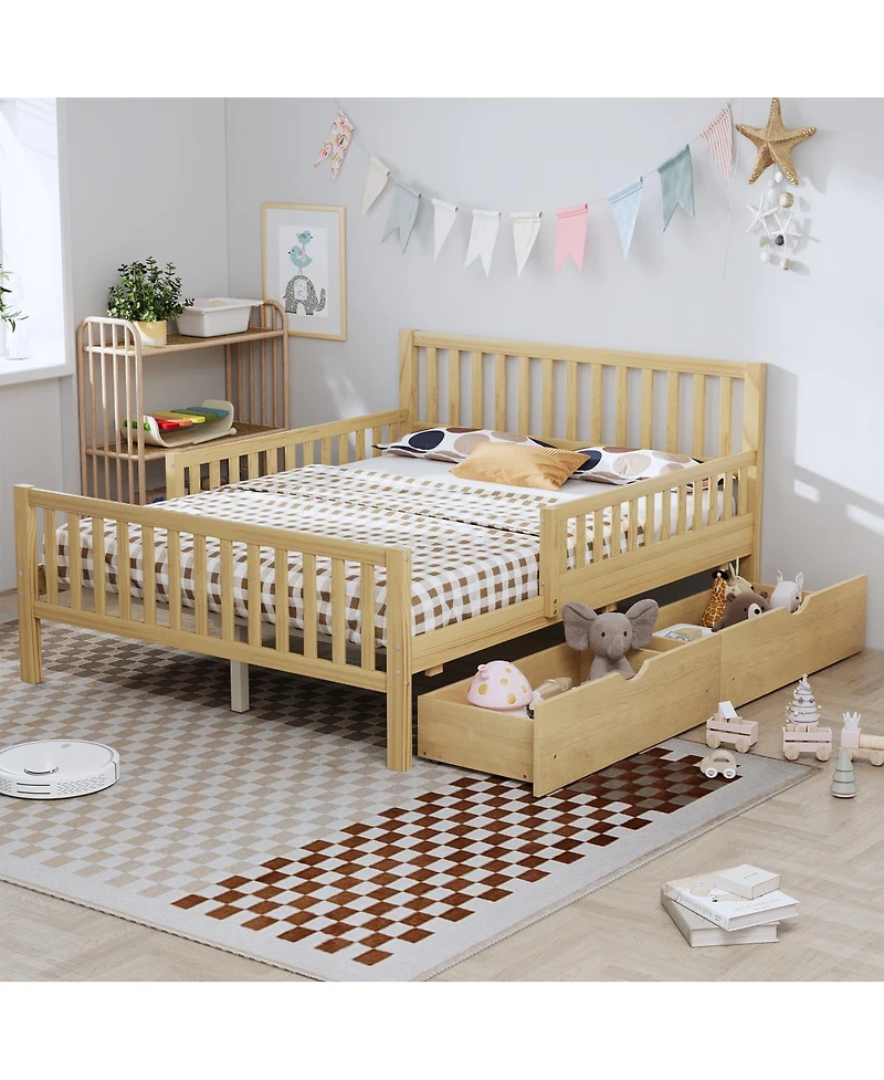 Streamdale Furniture Wood Platform Bed with Guardrails and 2 Drawers