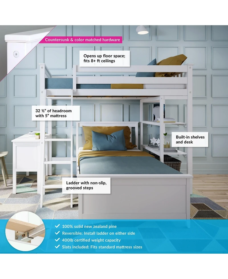Max & Lily L-Shaped Twin over Twin Bunk Bed with Bookcase and Desk