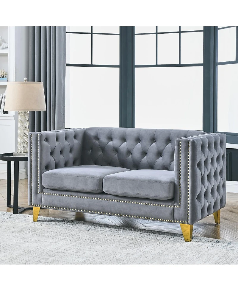 Streamdale Furniture Velvet Sofa with Tufted Square Arms and Metal Legs - 2 Seater