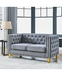 Streamdale Furniture Velvet Sofa with Tufted Square Arms and Metal Legs - 2 Seater