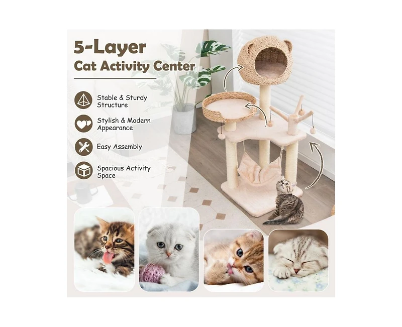 Aostirmotor Multi-Level Cat Tree with Condo, Hammock & Rotatable Hanging Balls