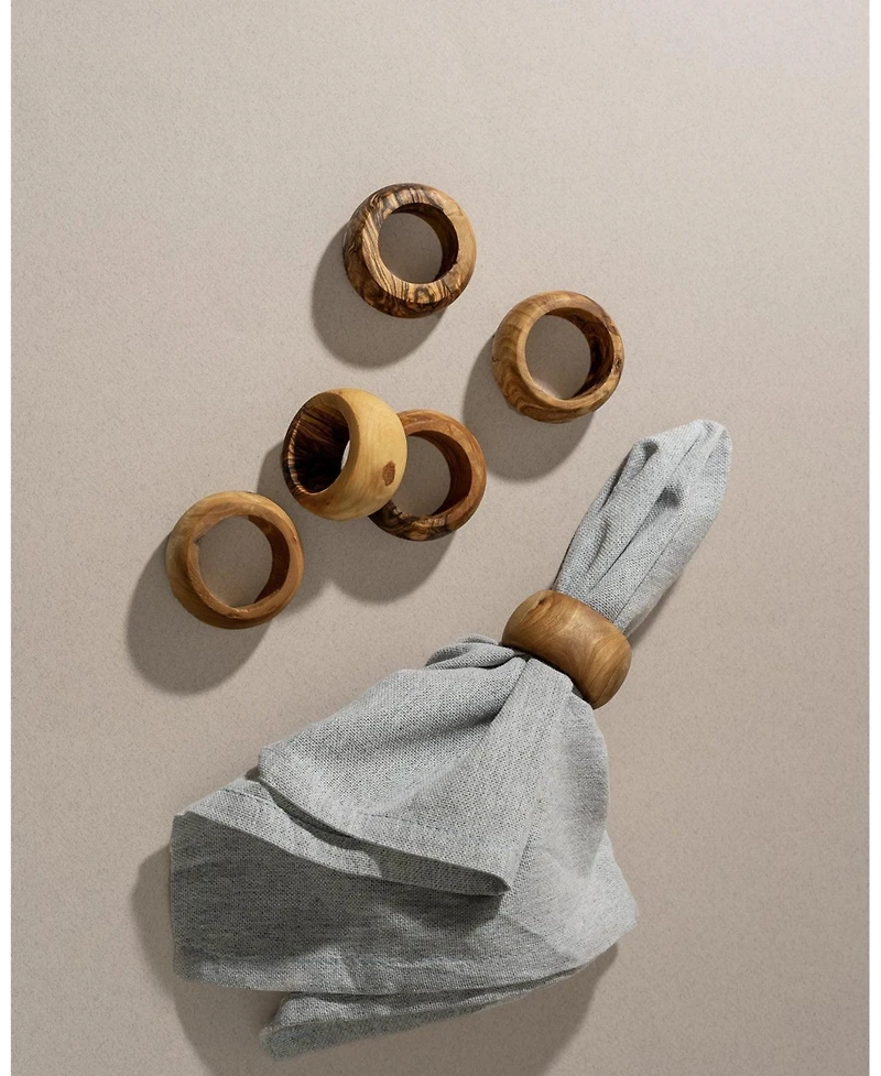 Gharyan Stoneware, Natural Olive Wood Napkin Rings - Set of 6