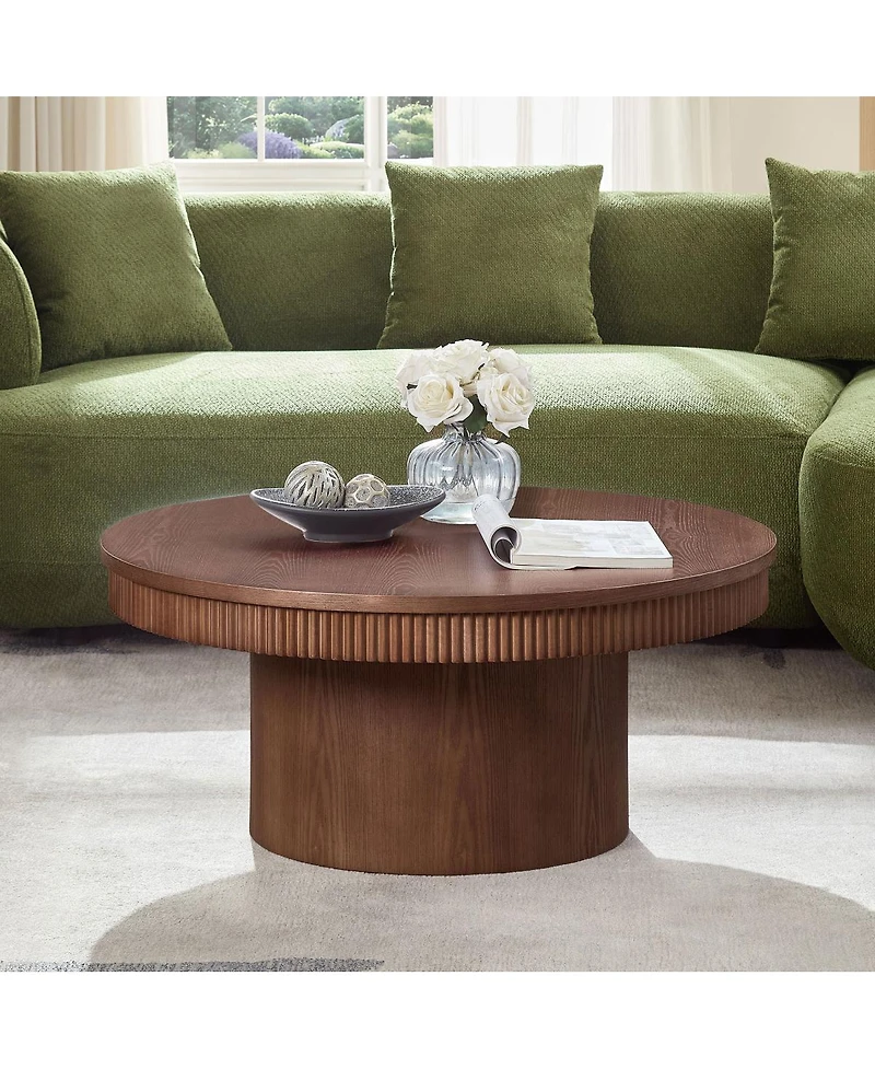 Streamdale Furniture Walnut Round Coffee Table with Ribbed Wave Trim