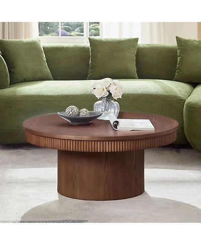 Streamdale Furniture Walnut Round Coffee Table with Ribbed Wave Trim