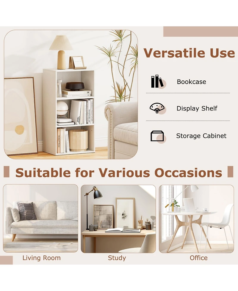 Gymax 3-Tier Cube Bookcase Modern Open Bookshelf with Adjustable Shelves