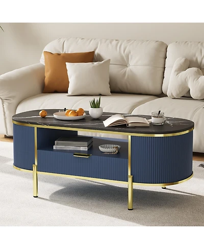 homfan Modern Oval Fluted Coffee Table, Faux Marble Top, 2-Tier Storage Shelf, Drawer, Metal Legs, Elegant Center Table for Living Room, Apartment