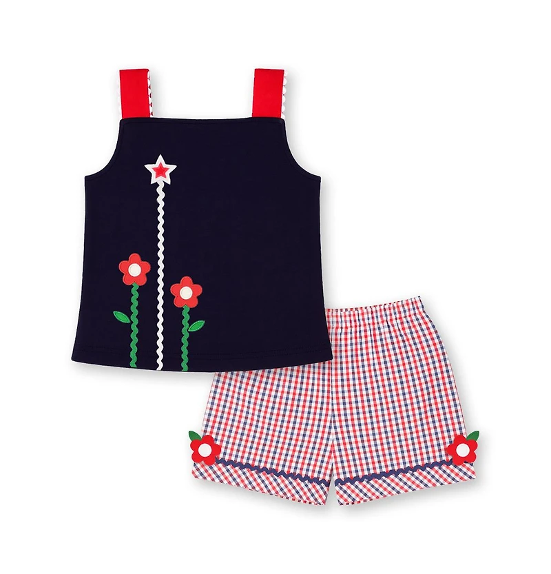 Florence Eiseman Little Girls Plaid Seersucker Shorts With Ric Rac and Flowers