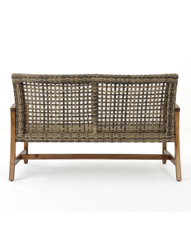 Mondawe Outdoor Wood Wicker Loveseat - Patio Conversation Set for Backyard