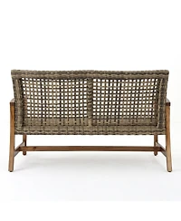 Mondawe Outdoor Wood Wicker Loveseat - Patio Conversation Set for Backyard