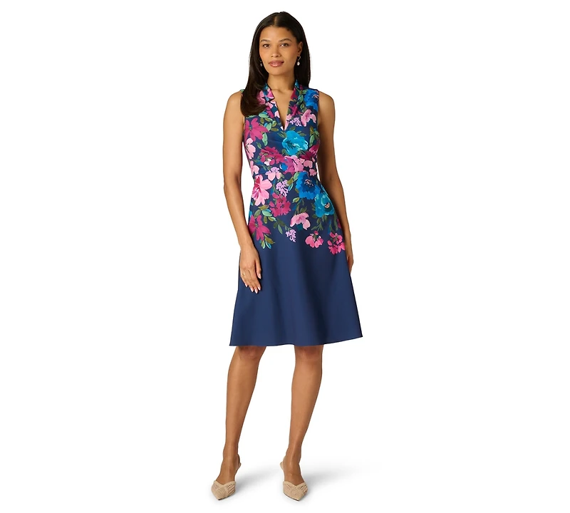 Adrianna Papell Petite Border Floral V-Neck Midi Dress