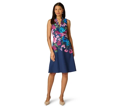 Adrianna Papell Petite Border Floral V-Neck Midi Dress