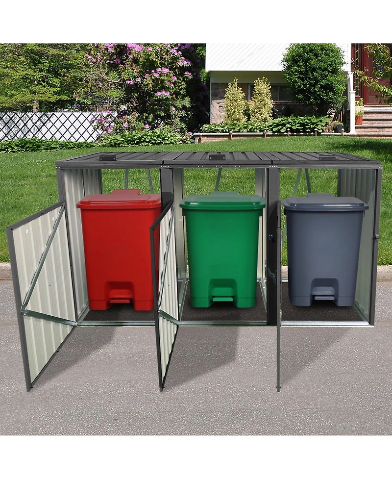 Mondawe Outdoor Metal Garbage Bin Shed For 3 Trash Cans, Lockable Storage Shed With Lift Lid