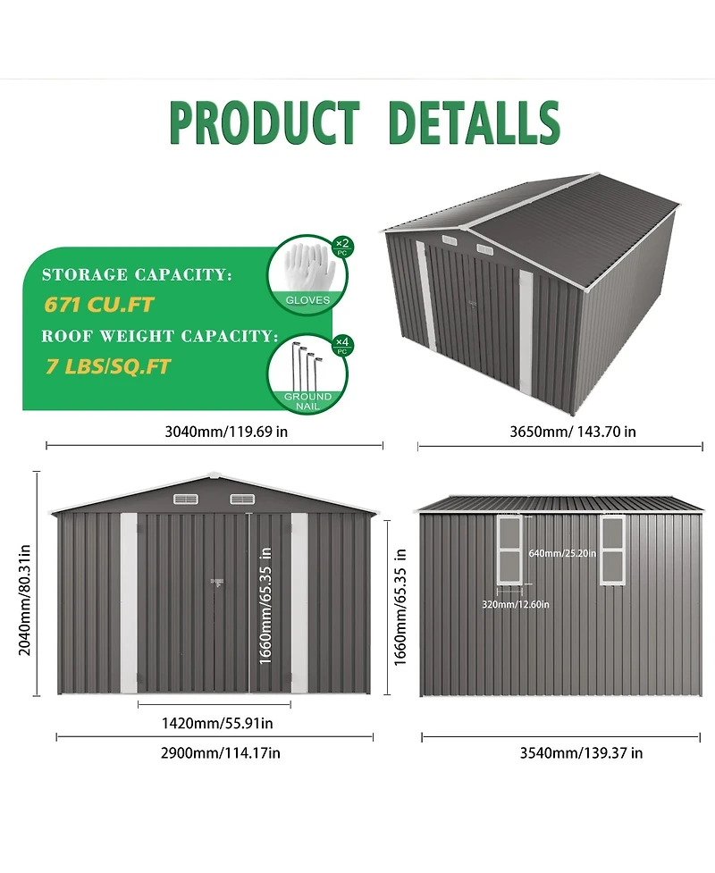 Mondawe 10 x 12 Ft Outdoor Metal Storage Shed with Double Door and Windows, Waterproof Garden Tool Shed