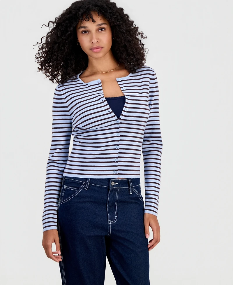 Hooked Up by Iot Juniors' Striped Ribbed Cardigan
