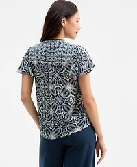 Liverpool Los Angeles Women's Mixed-Print Button-Front Flutter-Sleeve Top
