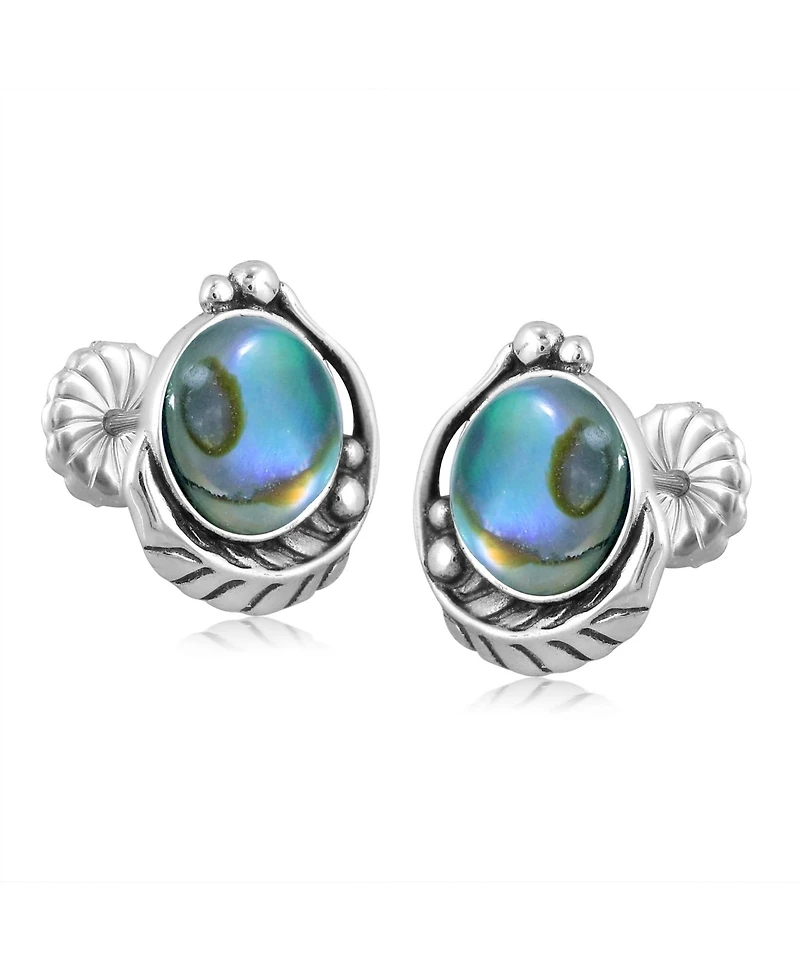 American West Jewelry Sterling Silver Abalone Shell Leaf Design Button Earrings