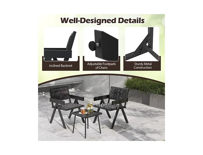 Lucky One 3 Piece Patio Wicker Bistro Set with Quick Dry Foam Cushions Glass Table