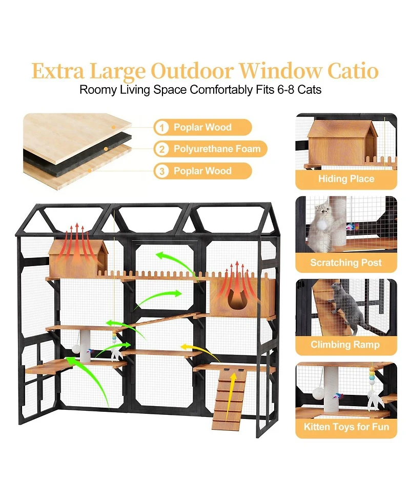 6thdruple Outdoor Cat Enclosure, Multi-Level Wood Catio with Plant Stands, Roof for Backyard Patio